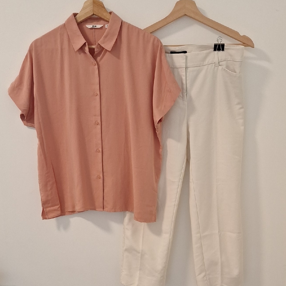 Uniqlo Pink Button-Up Shirt & White House Black Marker Cream Pants